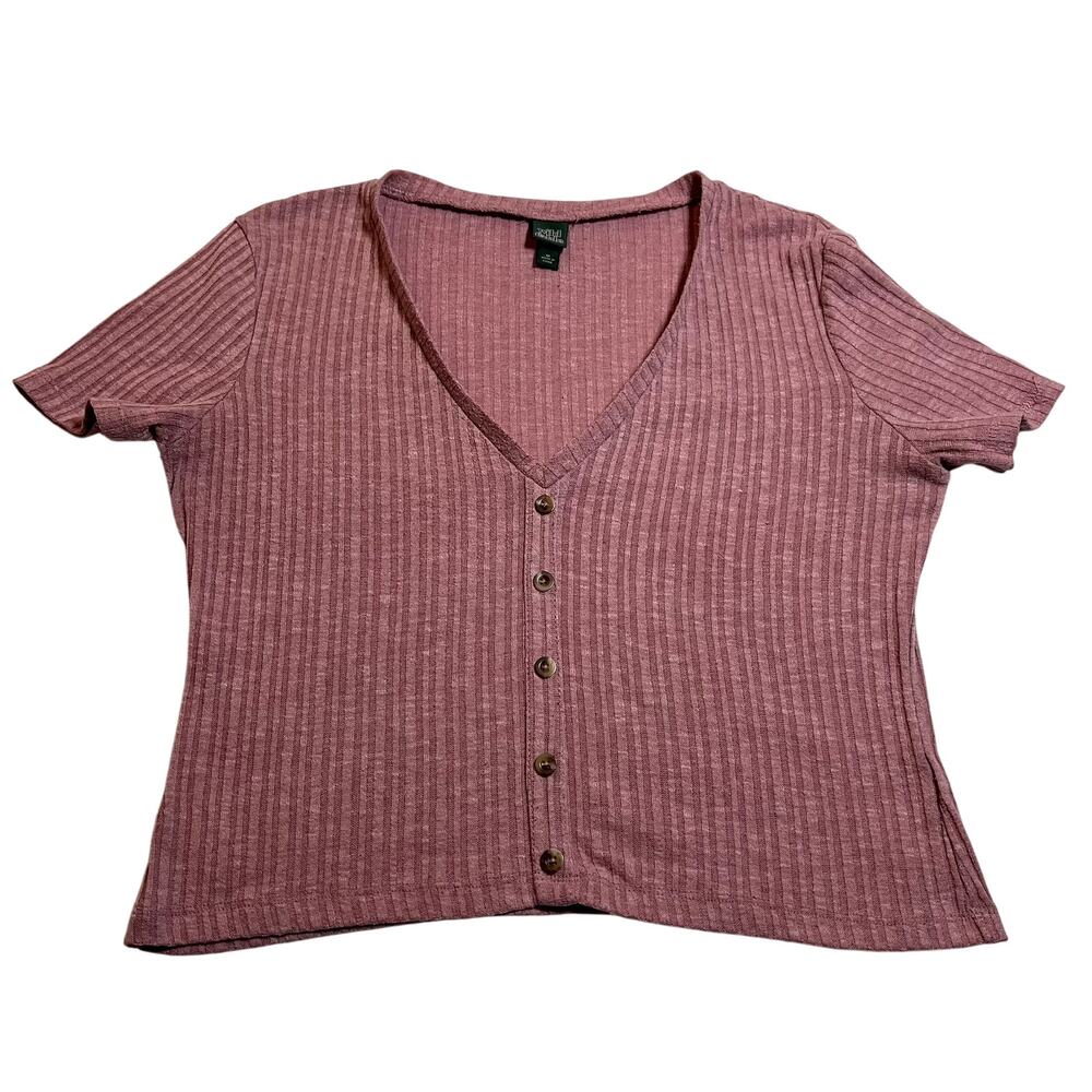 Wild Fable V-Neck Ribbed Knit Button Front Top Size Medium Casual Colorful